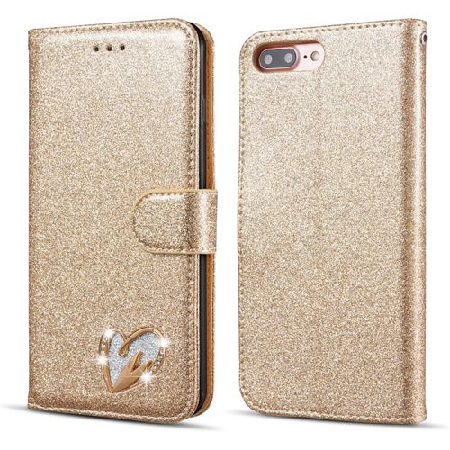 Etui Pour Iphone Se 2022 5g/Iphone Se 2020/Iphone 8/Iphone 7 Coque, Flip Case Etui Paillette Glitter Bling Portefeuille En Cuir Housse Avec Porte Carte Magnetique Wallet Cover - Or