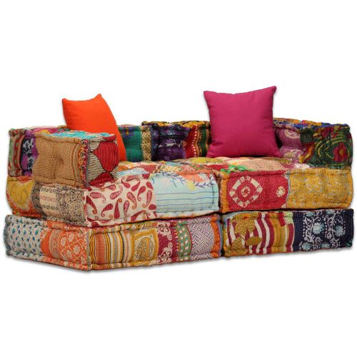 Pouf Modulable 2 Places Lot 1 Tissu Patchwork Multicolore Repose-Pieds Confortable