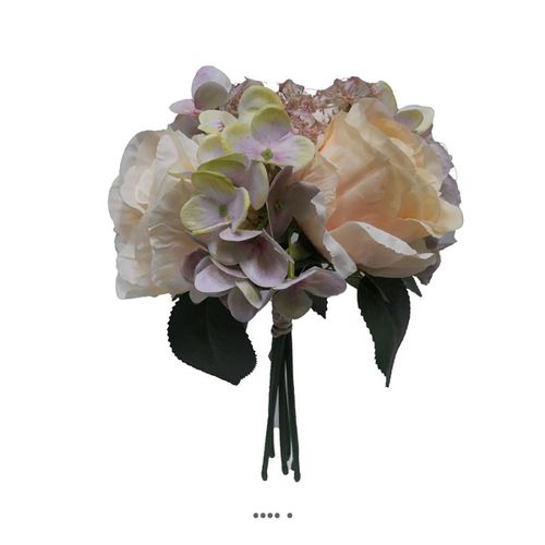 Bouquet De Fausses Roses Et Hortensias H 30 Cm 6 Têtes Blanc-Vert