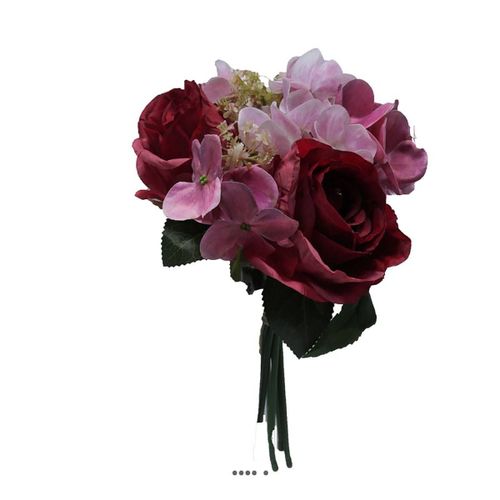 Bouquet De Fausses Roses Et Hortensias H 30 Cm 6 Têtes Rose