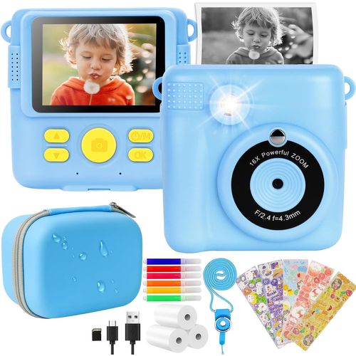 Appareil Photo Enfant Instantané 2,4'' - Appareil Photo Numérique Enfants 32Gb Sd Carte&Papier D'Impression,Stylos Colorés,Jouet Cadeau Filles Garçons De 3-12 Ans Étui De Protection (Bleu)
