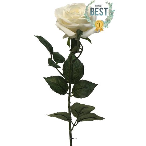 Rose Factice Paris H64cm Belle Tête D9cm 12 Feuilles Tissu Crème -Best