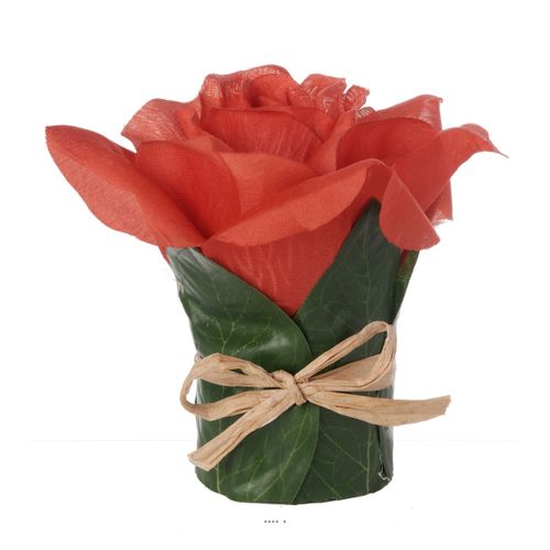 Tête De Rose Factice Rouge Cerise En Composition H9,5 Cm Et D7cm