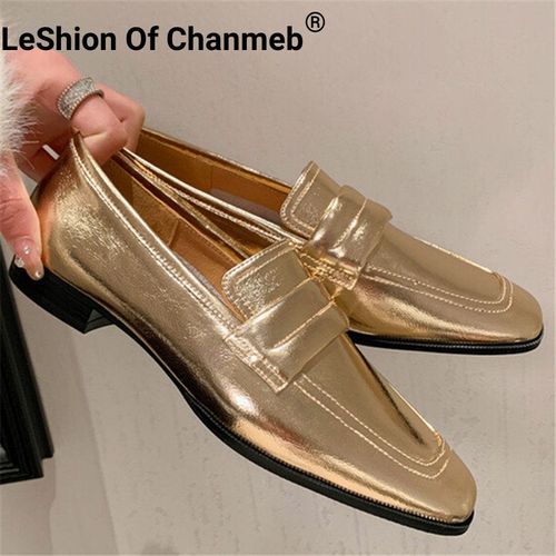 Leshion De Chanmeb-Mocassins Plats En Cuir Group Pour Femme,Parka Carrée Dorée Et Argentée,Chaussures À Enfiler,Taille 33-41,Printemps 2023,