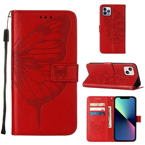 Coque Iphone 13, Etui Pour Téléphone De Style Portefeuille Iphone 13, Etui À Rabat En Cuir Pu Gaufré À Fleurs Papillon, Adapté À L'étui Pour Téléphone Iphone 13 (Rouge)