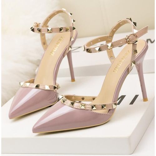 Chaussures Sandales Rivets En Cuir Verni Pour Femmesescarpins Sexytalons Aiguillesboîte De Nuitmétalcreuxmode Romaine10cm