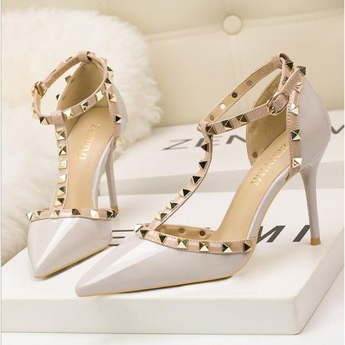 Chaussures Sandales Rivets En Cuir Verni Pour Femmesescarpins Sexytalons Aiguillesboîte De Nuitmétalcreuxmode Romaine10cm