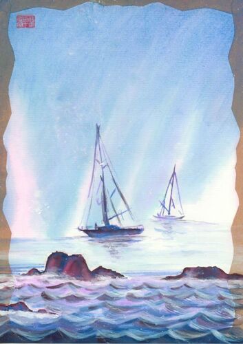 Aquarelle Originale Bateaux Voiliers Mer Brume Boats Sea Marine Watercolor Pg133