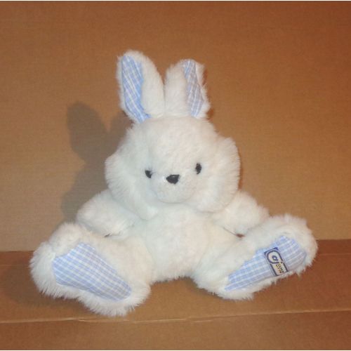 Peluche Lapin Blanc Interieur Oreilles Et Dessous Des Pattes En Tissus Vichy Bleu Pastel Ajena 30cm