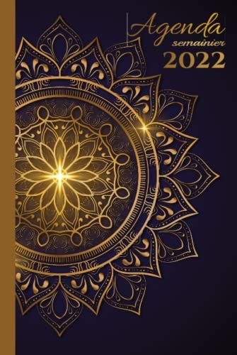 Agenda Semainier A5: Planificateur Petit Format Avec Heure - 1 Semaine Sur 2 Pages - Couverture Rigide - Mandala Brillant Sur Fond Bleu Nuit