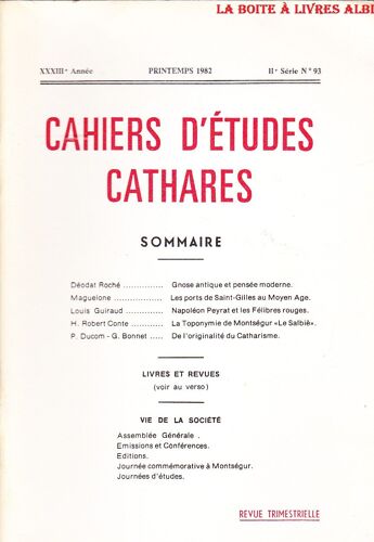 Cahiers D'études Cathares Printemps 1982 N 93 Iième Série Midi Pyrénées Languedoc Roussillon