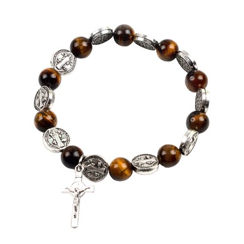 Tiger Eye Beaded Rosary Bracelet Zinc Alloy Christ Jesus For Cross Pendant