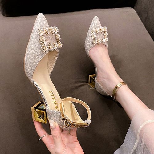 Chaussures Escarpins Talons Hauts En Cristal Pour Femmeschaussureslégantes Boucle De Perle Talons Carrés Pour Fête De Mariageescarpins Bout Pointu Pour Dames