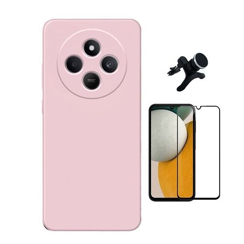 Kit De Film En Verre Trempé À Couverture Complète 5D + Couvercle En Silicone Liquide + Support de voiture magnétique robuste Phonecare Pour Xiaomi Redmi 14C - Rose