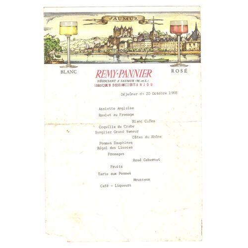 Menu 1968 Rémy-Pannier Négociant En Vins À Saumur Banquet Des Anciens - Alcool - Anjou - Oenologie
