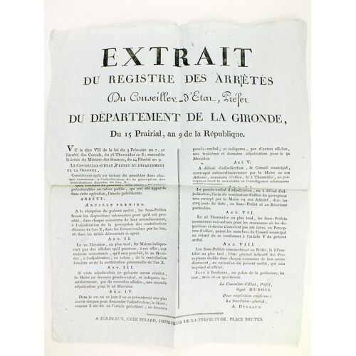 Extrait Du Registre Des Arrêtés Du Conseiller D'etat, Préfet Du Département De La Gironde, Du 15 Prairial, An 9 De La République [ 4 Juin 1801 ]