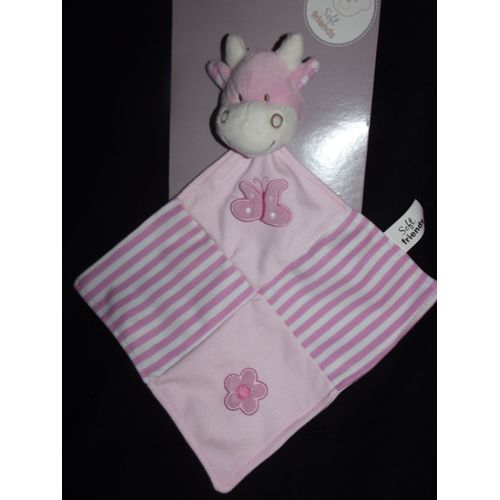 Doudou Plat Vache Soft Friends Rose Blanc Rayé Papillon Fleur Plush Comforter Soft Toy Peluche 