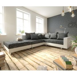 Canapé-D'angle Clovis Blanc Noir Avec Accoudoir Et Tabouret Pouf Gauche Canapé Modulaire