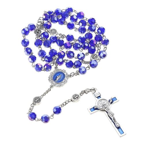 Perle De Cristal Bleu Chapelet Collier Vintage Catholique Religieux Pour Croix Jésus Pendentif Colliers Pour Hommes Femmes Bijoux Charme Cadeau