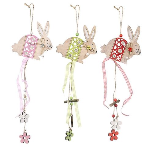 3pcs / Set Ornements De Lapin De Pâques Avec Ruban Bowknot Lapin En Bois Coloré Floral Pendentifs Suspendus Diy Coutout Hang Tags