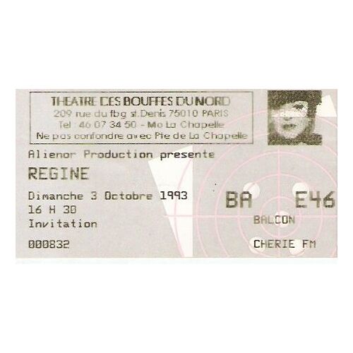 Ancien Billet De Concert Regine À Paris Le 3 Octobre 1993 Aux Bouffes Du Nord