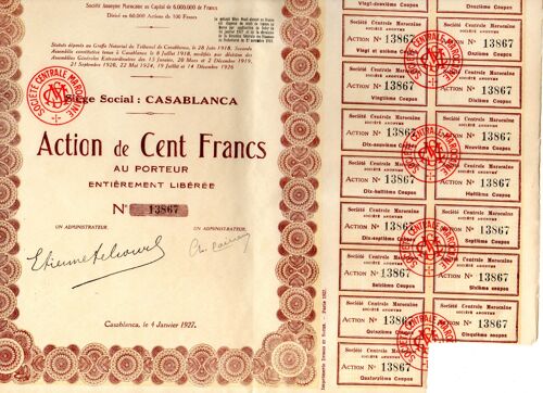Action De 100 Francs Societe Centrale Marocaine - Casablanca