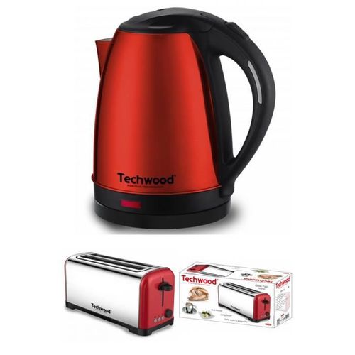 Bouilloire Inox Rouge 1,8L Sans Fil 1500W Arre?t automatique + Grille-Pain Rouge Inox Brossé 1400W 2 Longues et larges FENTES pour B