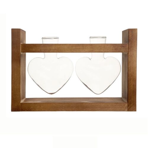 Petit Vase hydroponique Transparent en forme de coeur, 3 tailles, avec Base en bois, pour le bureau et la maison