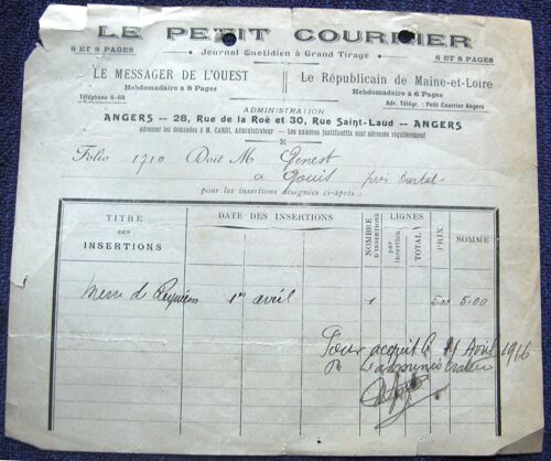 Facture 1916 Journal Petit Courrier Annonce Messe Requiem