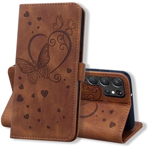 Coque Samsung Galaxy S22 Ultra, Coque Portefeuille S22 Ultra, Protection Etui S22 Ultra, Housse Premium En Cuir Pu [Porte Carte] Couverture Du Livre Pour S22 Ultra, Brun