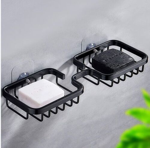 Porte-Savon, Porte-Savon à Double Barre, Porte-Savon de Douche Auto-adhésif Porte-Savon pour Salle de Bain, Porte-éponge de Savon en Aluminium aérospatial (Noir)