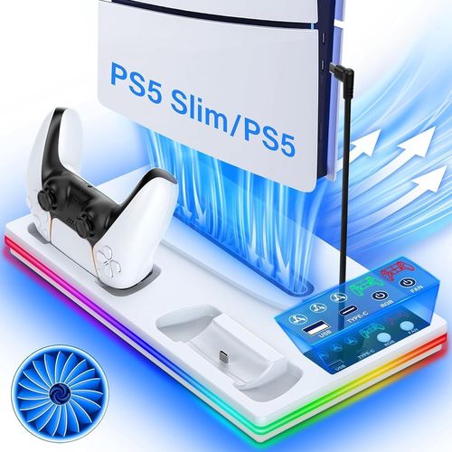 3 en 1 Support PS5 avec Chargeur Manette et Ventilateur à 3 Vitesses, Socle PS5 pour PlayStation 5 Pro/Slim & Standard Disque/Numérique, Refroidisseur PS 5 avec RGB et 2 Ports USB