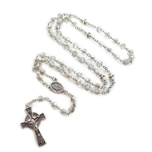 Perles De Cristal Gris Rosaire Colliers Catholiques Croix Crucifix Pendentif Longue Chaîne