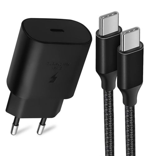 Chargeur PD 25W + Câble USB-C vers USB-C Nylon 1M pour Samsung S22 Ultra S22 S23+ S23 Ultra S21 FE S21 S20 S10 S9 - Noir - E.F.Connection
