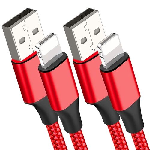 2 Câble USB Charge Rapide 3A pour iPhone 14, 13, 12, 11, XR, XS, 8, 7, 6 - Nylon Tressé Renforcé 1M Rouge - E.F.Connection