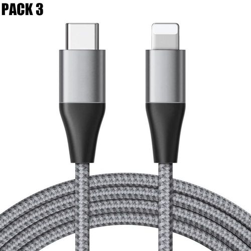 Lot-3 Câble USB-C vers Lightning Charge Rapide 3A pour iPhone 14 Pro Max, 14 Plus, 13 Pro Max - Nylon Tressé 1M Gris - E.F.Connection