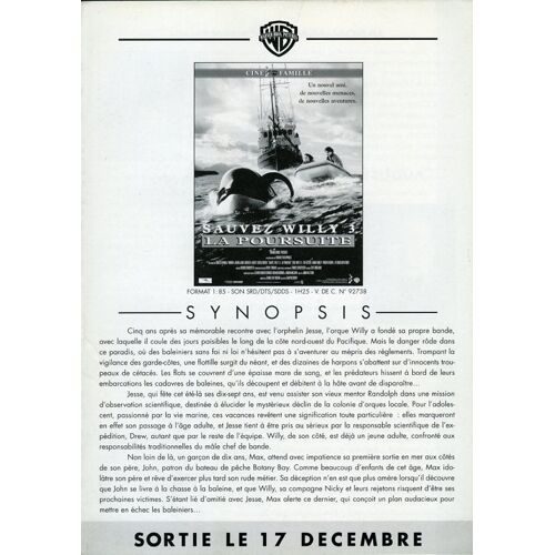 Sauvez Willy 3, La Poursuite, Synopsis Dépliant, De Sam Pillsbury, Avec Jason James Richter