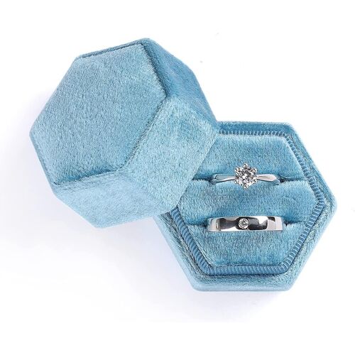 Boîte De Bague De Bijoux En Velours, Hexagone Premium Magnifique Boîte Cadeau Vintage Double Bague Avec Couvercle Détachable Pour La Cérémonie De Mariage De Fiançailles De Proposition (Bleu Ciel)