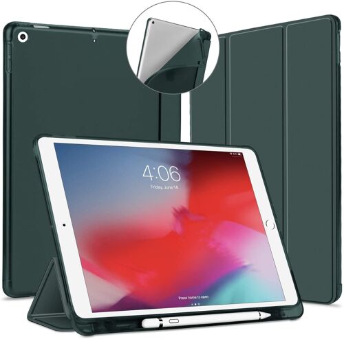 Coque pour Nouvel iPad 10,2 2021 9ème Génération/2020/2019 avec Porte-Stylo, iPad 7e/8ème Gén Smart Case Étui [Réveil/Sommeil Automatique], Slim Housse Cover Arrière en TPU Souple, Vert Foncé
