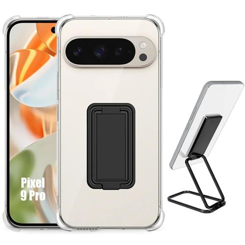 Coque Pour Google Pixel 9 Pro, Silicone Transparent Antichoc Avec Support Ajustable Métal Noir - E.F.Connection