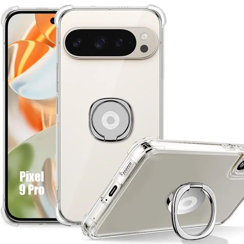 Coque Pour Google Pixel 9 Pro - Protection Silicone Transparent Antichoc Avec Support Anneau Argenté - E.F.Connection