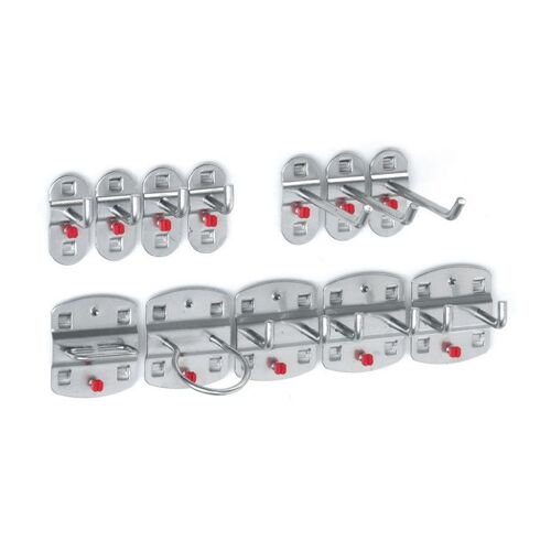 Assortiment de porte-outils 12 pièces revêtu plastique pour panneaux perforés 9 crochets divers/3 crochets doubles