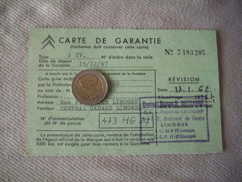 Carte Garantie / Citroen 2cv / 1967