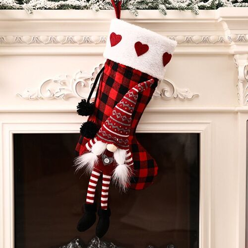 Chaussettes de noël avec poupées de vieil homme, rouge, noir, sac suspendu Style grille, pendentif arbre de noël, décor, cadeau pour enfants, bonbons, TSLM1