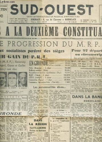 Sud-Ouest - 3 Juin 1946 / Resultats Des Elections A La Deuxieme Constituante - Nette Progression Du M.R.P. Etc...