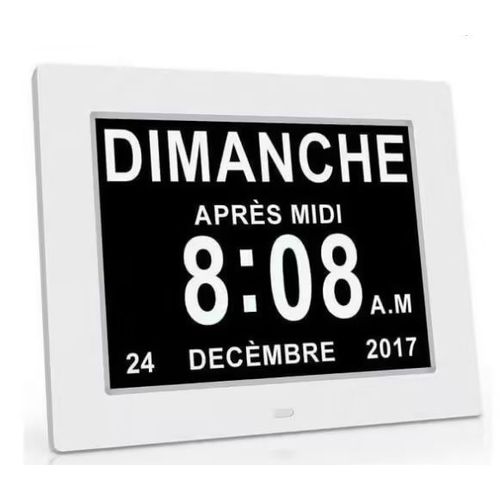 Horloge Calendrier avec Date Jour Heure Grande Alarme Auto Dimming pour Les Personnes agées - Alzheimer et Les Enfants-Blanc