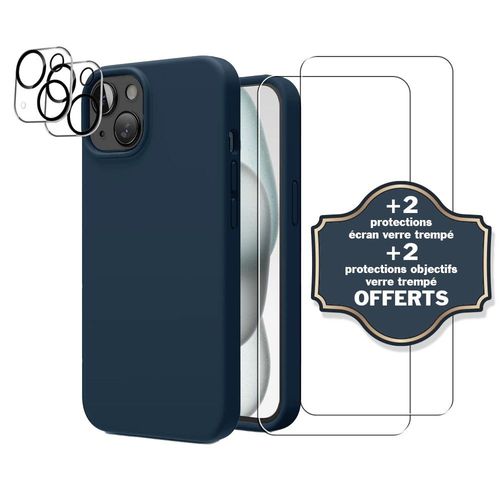Coque Iphone 15 Bleue Silicone Liquide + 2 Protections Écran Et 2 Protections Objectif Caméra
