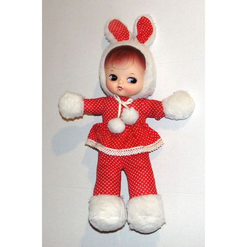 Poupée De Chiffon Tissus Rouge À Pois Blanc Tête En Plastique Bonnet Oreille De Lapin Style Clodrey Vintage 32cm