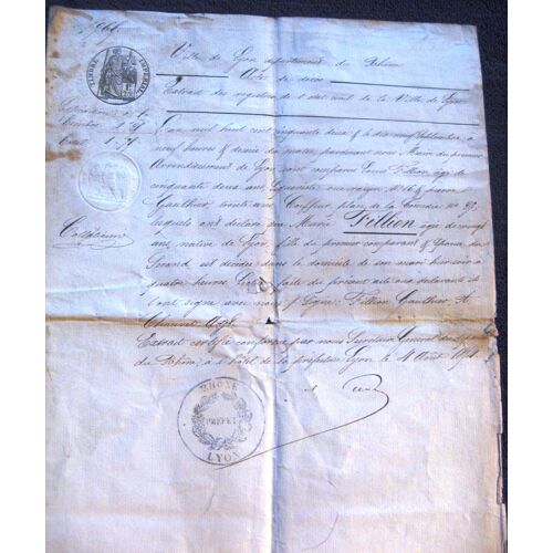 Extrait D' Acte De Décès 1854 Lyon Cachets