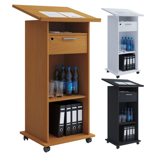 VCM Pupitre en bois pour orateur mobile Table haute sur roulettes Tiroir Melta Pupitre en bois pour orateur mobile Table haute sur roulettes Tiroir Melta